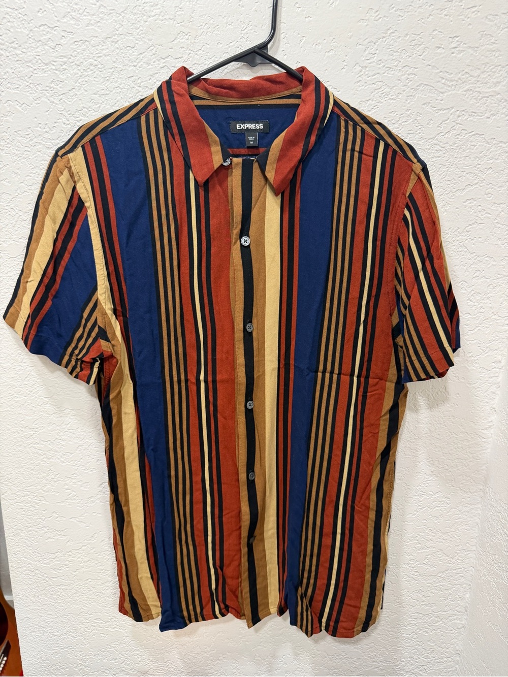 Express Men’s Short Sleeve Button-Up Shirt - Rust, Navy & Tan Stripes